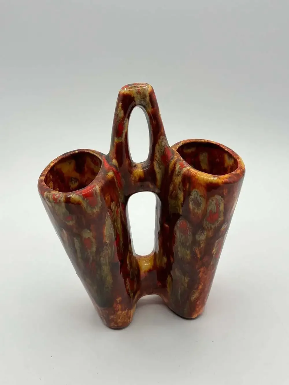 Vintage MCM Ceramic Double Vase w/ Stirrup Handle Red-Orange, Brown Drip Glaze